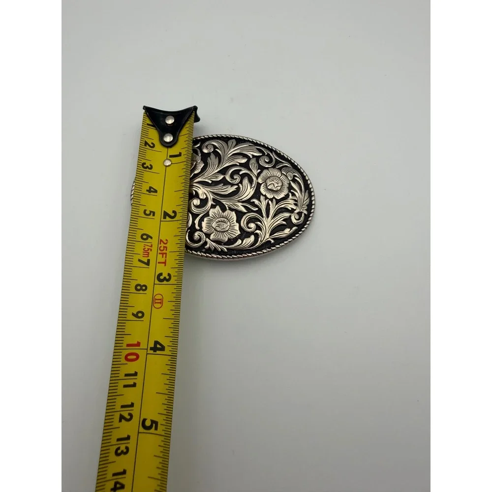 Vintage Silver Tone Floral Oval Belt Buckle Western Cowboy Scrollwork Design